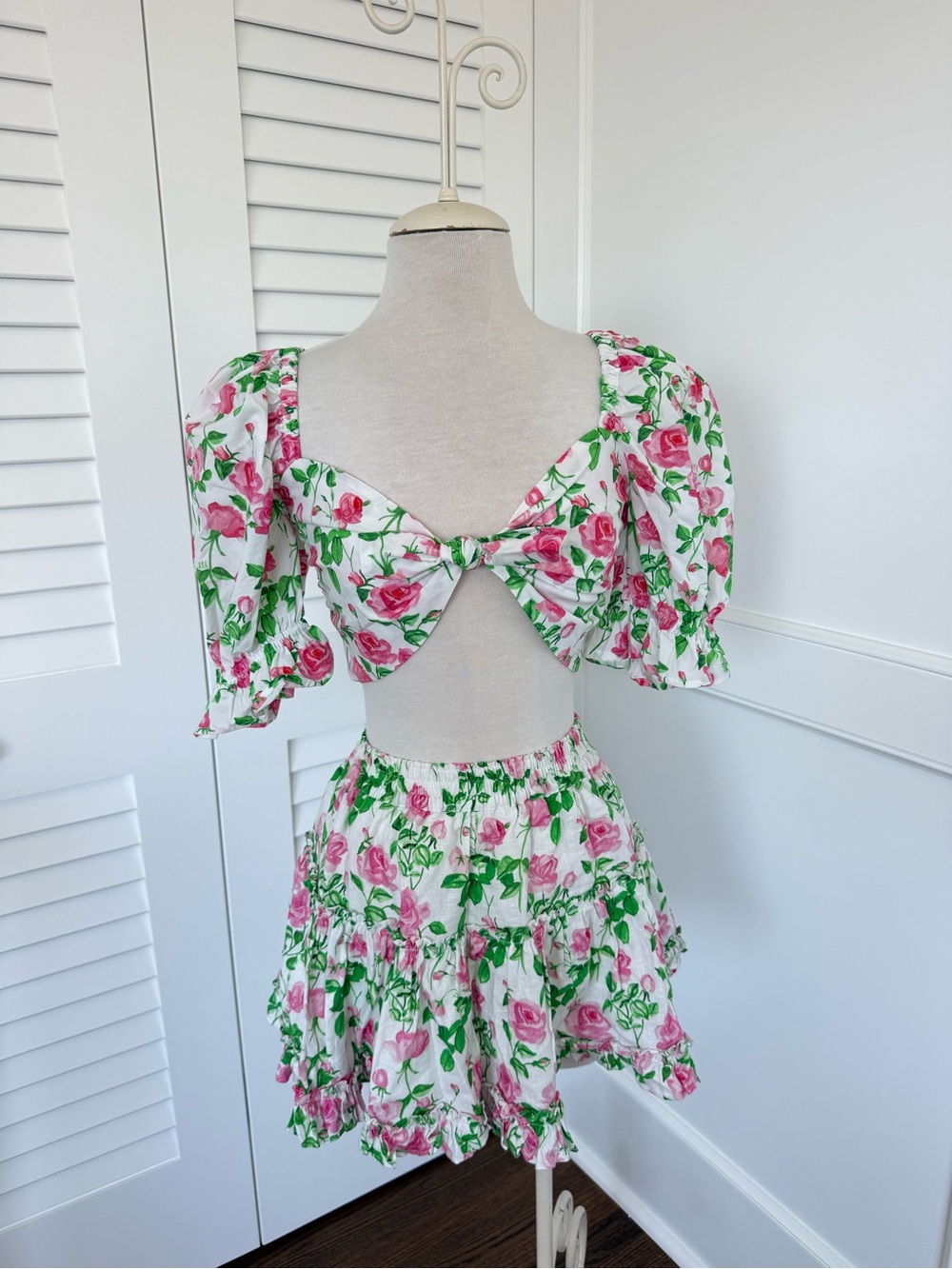 Hill House Floral Rose Print Puff Sleeve Circle Skirt Set in Pink & Green